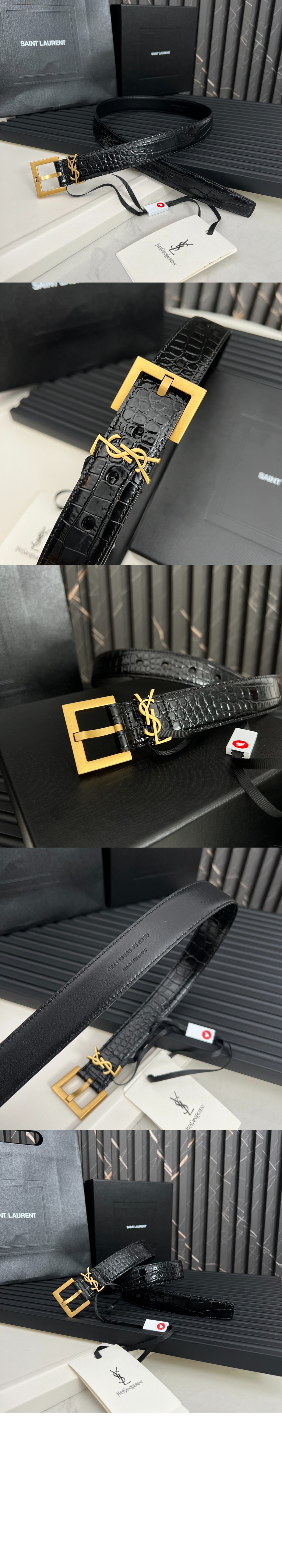 생로랑 스퀘어 버클을 장식한 유광 크로커다일 엠보스드 가죽 소재의 벨트 634437