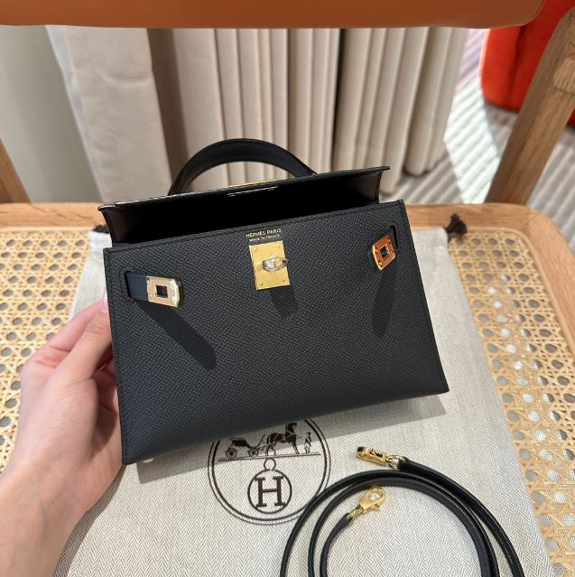 에르메스 미니 켈리2 블랙 앱송 금장 19cm