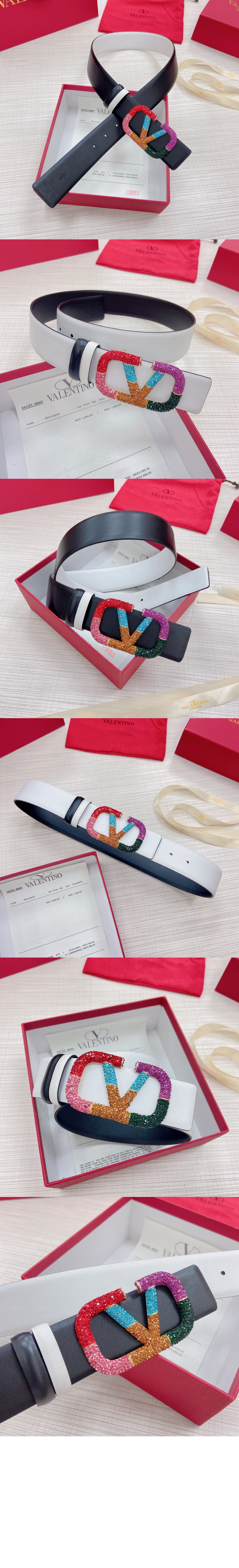 발렌티노 양면 크리스탈 장식 가죽 벨트