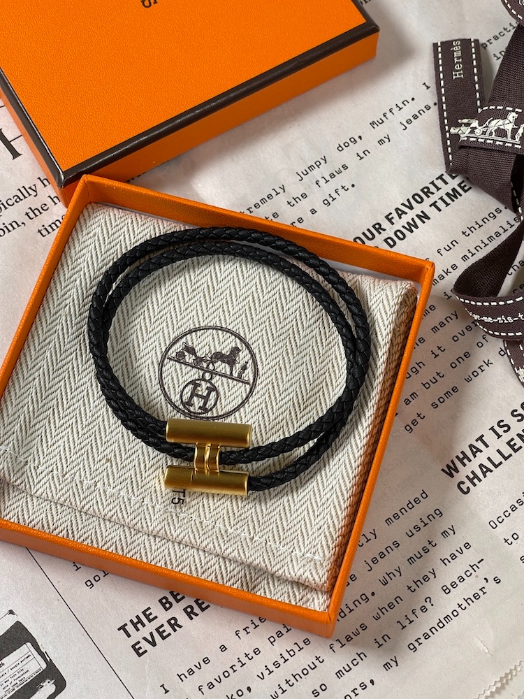 에르메스 Tournis Tresse 팔찌 블랙 금장