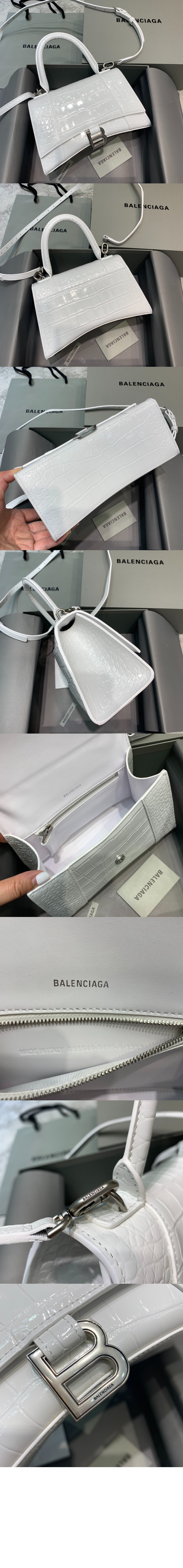 발렌시아가 아워글래스 XS 크로커다일 엠보싱 핸드백 화이트 593546