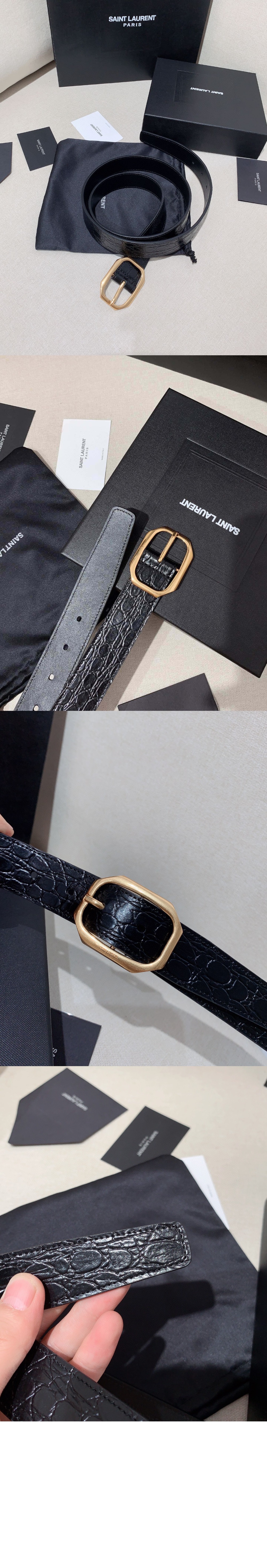 생로랑 크로커다일 엠보스드 가죽 소재의 프레임 버클 슬림 벨트 732560