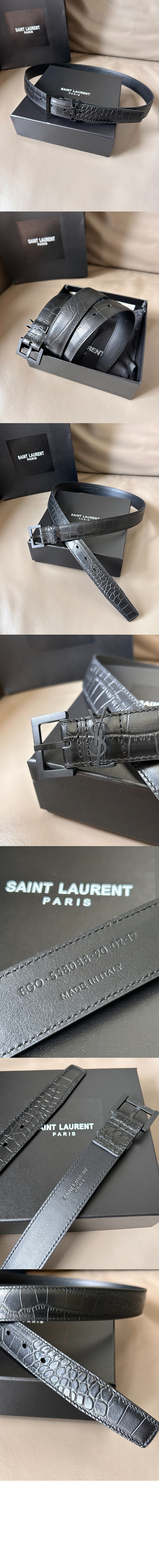 생로랑 스퀘어 버클을 장식한 유광 크로커다일 엠보스드 가죽 소재의 벨트 634437