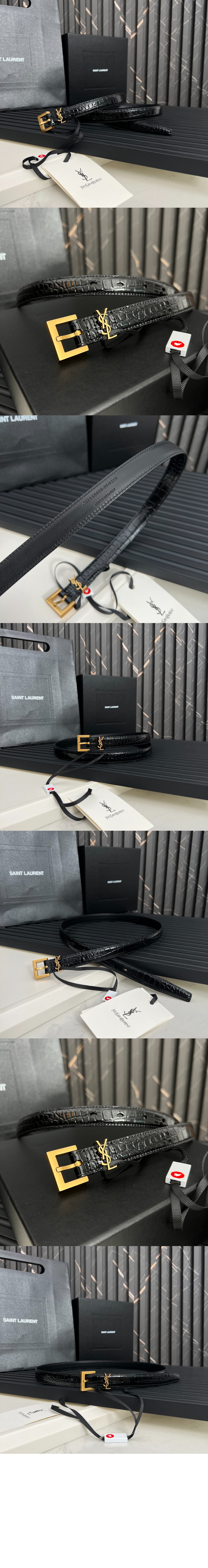 생로랑 스퀘어 버클을 장식한 크로커다일 엠보스드 가죽 소재의 얇은 모노그램 벨트 554465