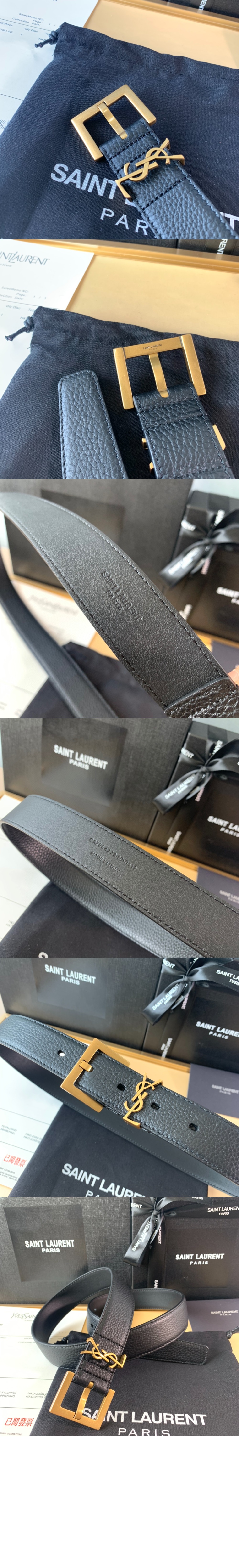 생로랑 스퀘어 버클을 장식한 그레인 가죽 소재의 벨트 634437