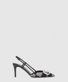 발렌티노 로고 크리스탈 임베리쉬드 레더 슬링백 펌프스 3W0S0R