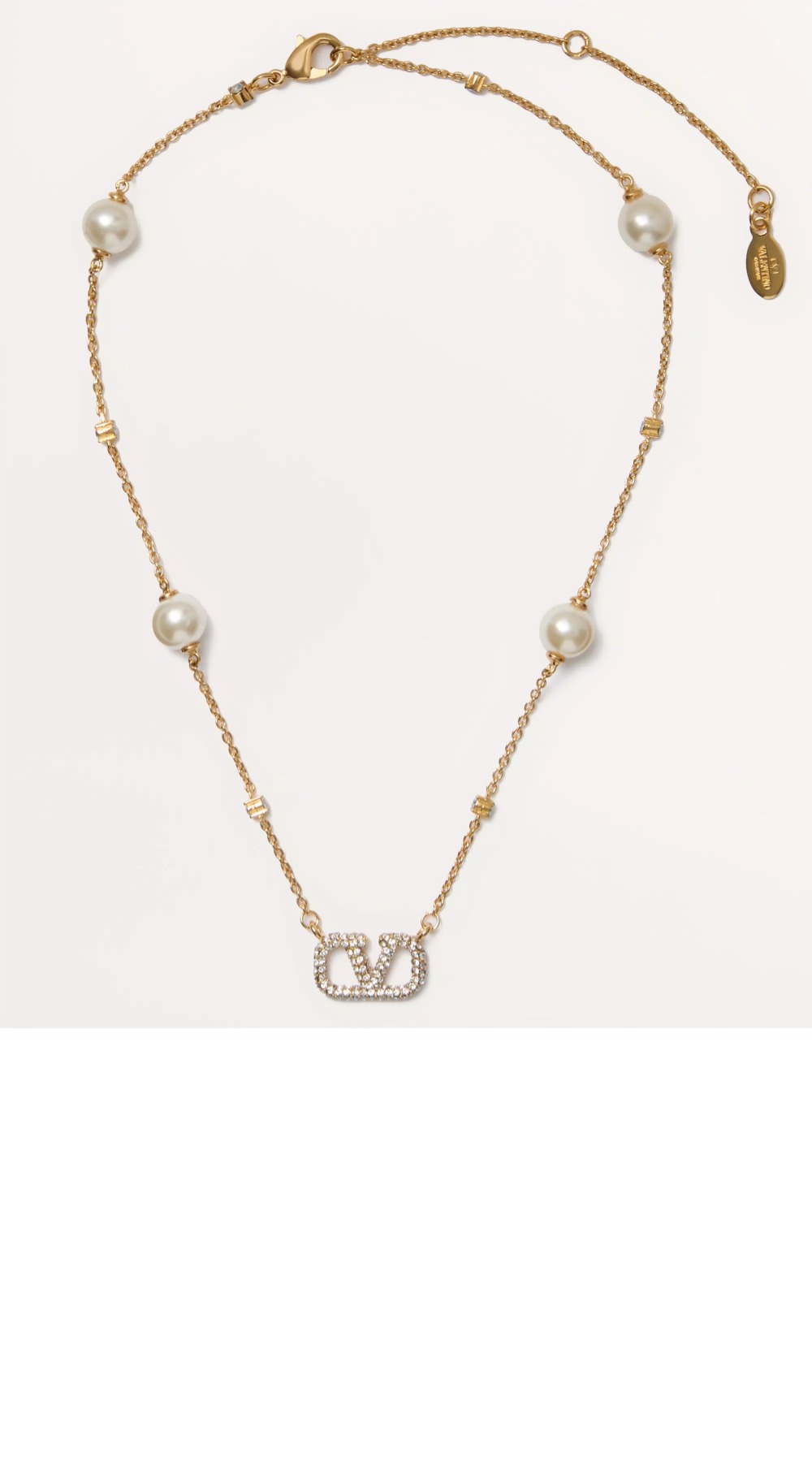 발렌티노 크리스털 및 진주 장식 브이로고 시그니처 메탈 네크리스